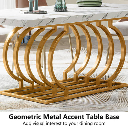 Dining Table, 63 inch Faux Marble Wood Kitchen Table with Geometric Frame, Faux Marble White Gold, Tribesigns, 6