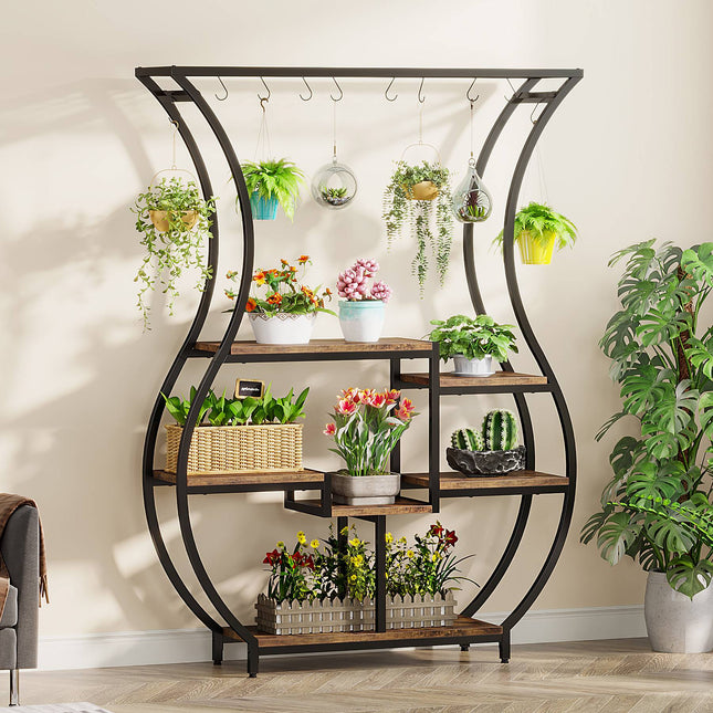 Plant Stand, Vase Shape 6-Tier Plant Display Rack with 10 Hanging Hooks, Brown & Black