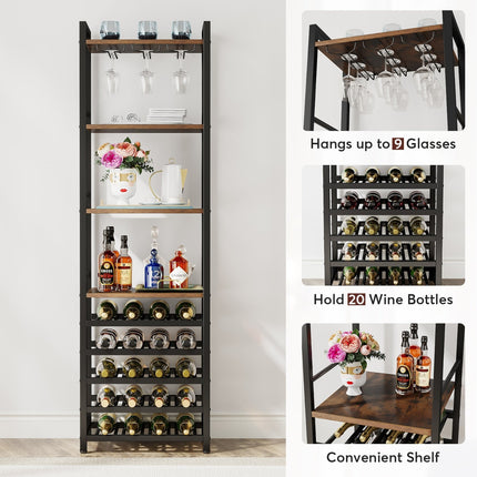 Wine Rack, 9 Tier 20 Bottle, Tall Wine Rack, Wine Bar Cabinet with Glass Holder, Rustic Brown, Tribesigns , 2