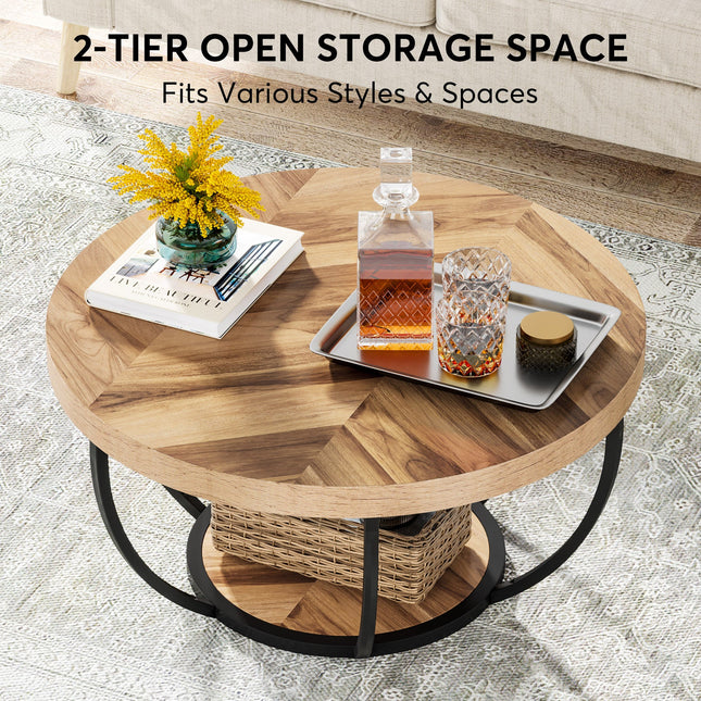Coffee Table, 2-Tier, Round Coffee Table, Wooden Central Cocktail Table with Shelves, Tribesigns, 2