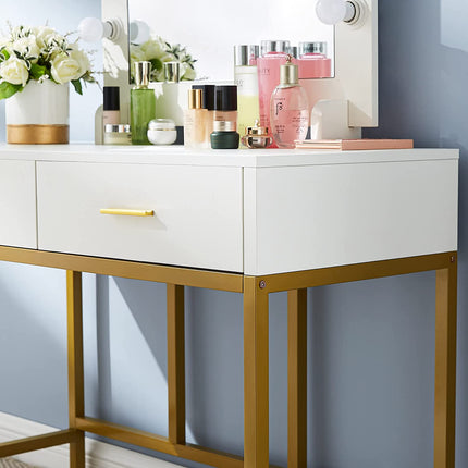 Dressing Table with 9 Lights and 2 Drawers, White & Gold. 