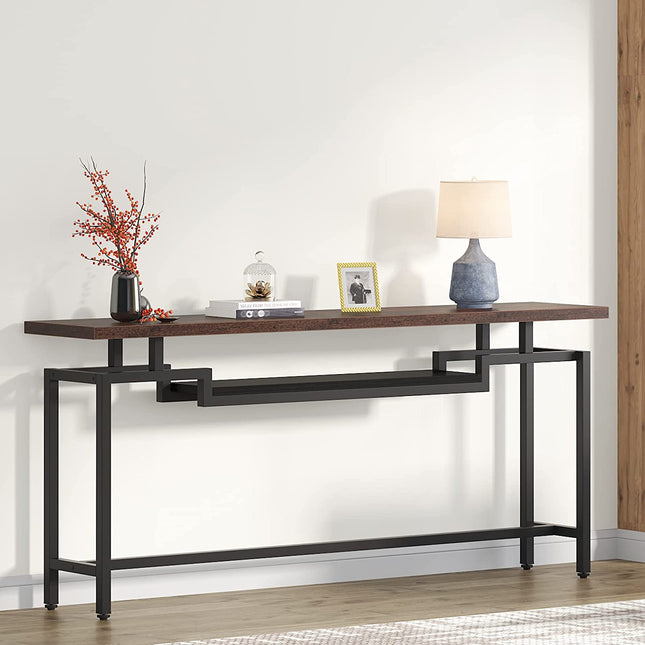Console Table 70-Inch, Narrow Long Sofa Table with 2 Tier Shelves, Brown & Black, Tribesigns, 1