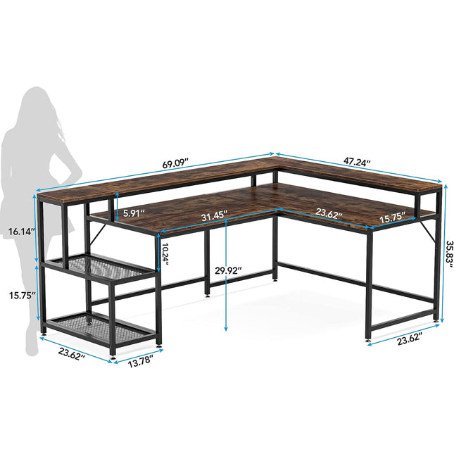 Tribesigns - 69 Inch L Shaped Desk with Monitor Stand, Large Reversible Corner Desk with Storage Shelf, Industrial Computer Table, Rustic Brown