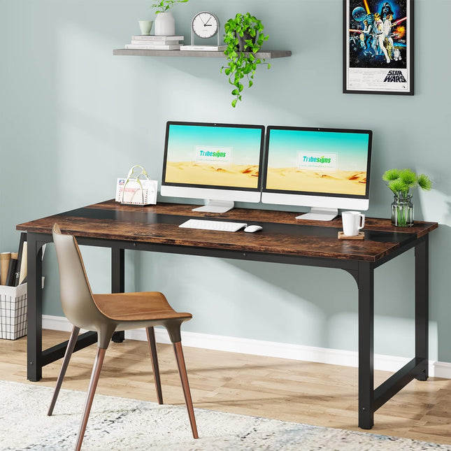 Modern Computer Desk, 63 inch Large Office Desk Computer Table Study Writing Desk Workstation, Rustic Black Tribesigns, 1