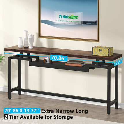Tribesigns - Console Table 70", Narrow Long Sofa Table with 2 Tier Shelves, Brown & Black