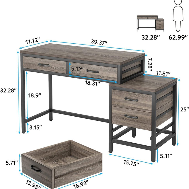 Computer Desk with 5 Drawers, Home Office Desks with Reversible Drawer Cabinet Printer Stand, PC Desk, Tribesigns, 2