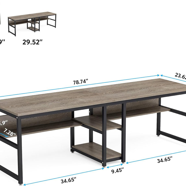78.7-Inch Two Person Desk, Double Computer Desk with Bookshelf, Gray, Tribesigns, 1