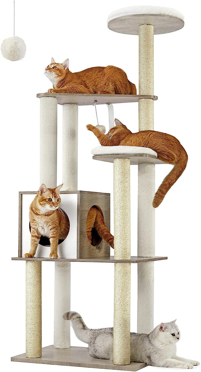 Cat Tree, Cat Tower, for Indoor Cats, 65-Inch Modern, Multi-Level Cat Condo with 5 Scratching Posts, Feandrea WoodyWonders