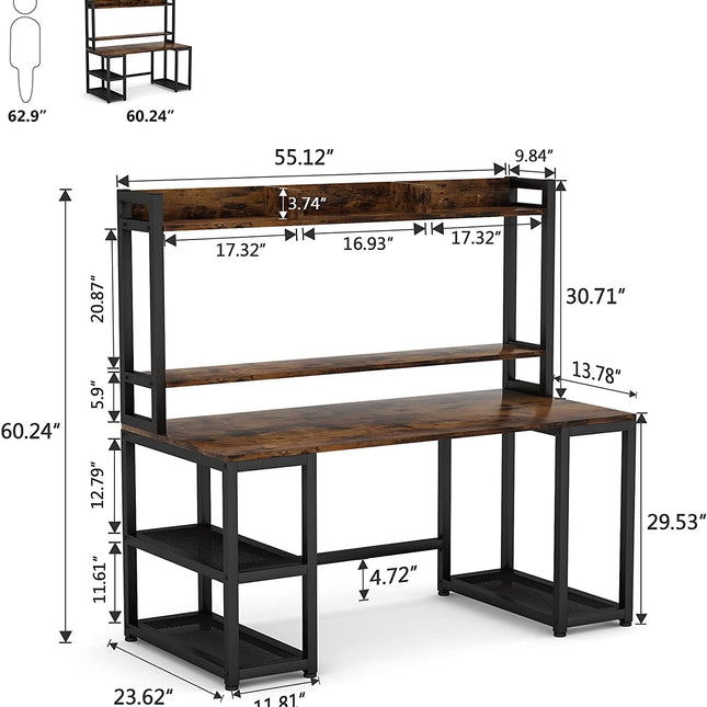 Computer Desk, 55-Inch Hutch Desk Writing Table with Monitor Stand, Brown, Tribesigns