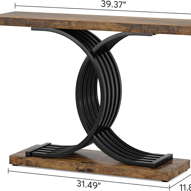 Industrial Entryway Table, 39-Inch Vintage Console Table Accent Table Metal Legs, Rustic Brown & Black, Tribesigns, 2