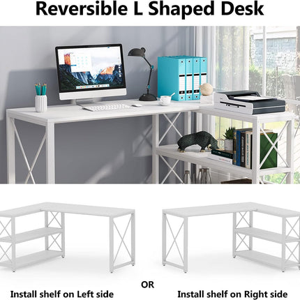 L-Shaped Desk, with Storage Shelves, Corner Computer Desk, PC Laptop Study Table, 1