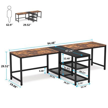 Two Person Desk, 94.5-Inch Double Computer Desk with Shelves, Brown & Black, Tribesigns, 6
