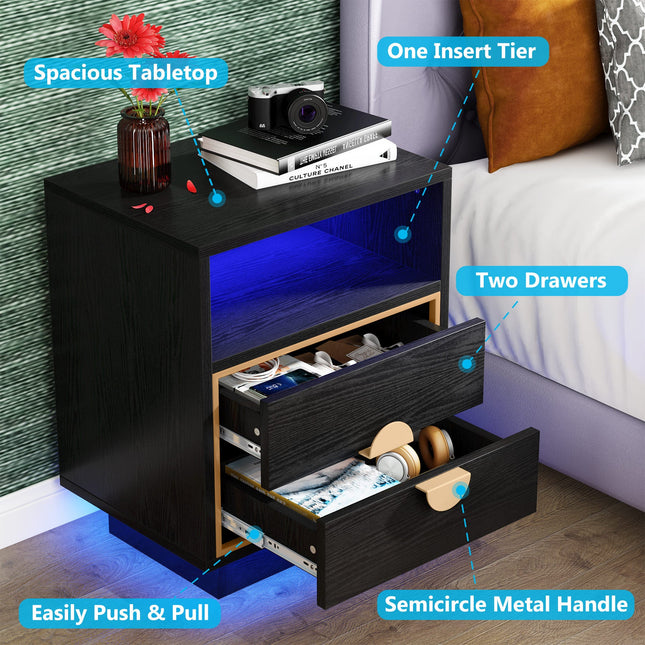 End Tabl, LED Nightstand, 2 Drawers Bedside End Table with Led Lights, Black, Tribesign, 2