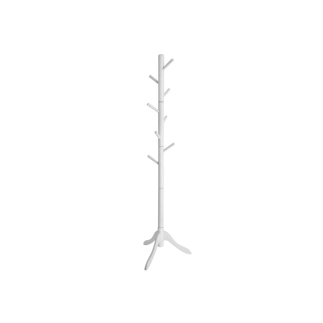 Coat Rack Free Standing with 8 Hooks, 18.5 Inch Dia. Sturdy Base, Solid Wooden Coat Stand Tree for Clothes, Hats, Handbags, Purses, White