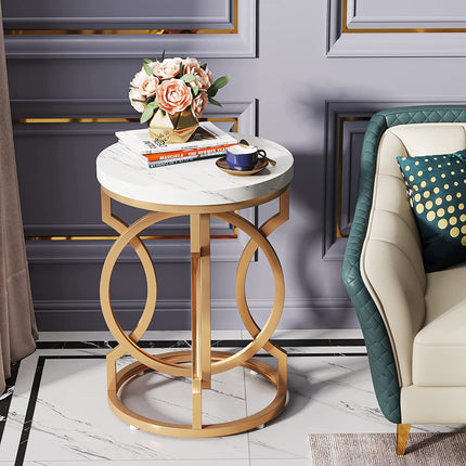 End Table, Round Side Table with Faux Marble Top