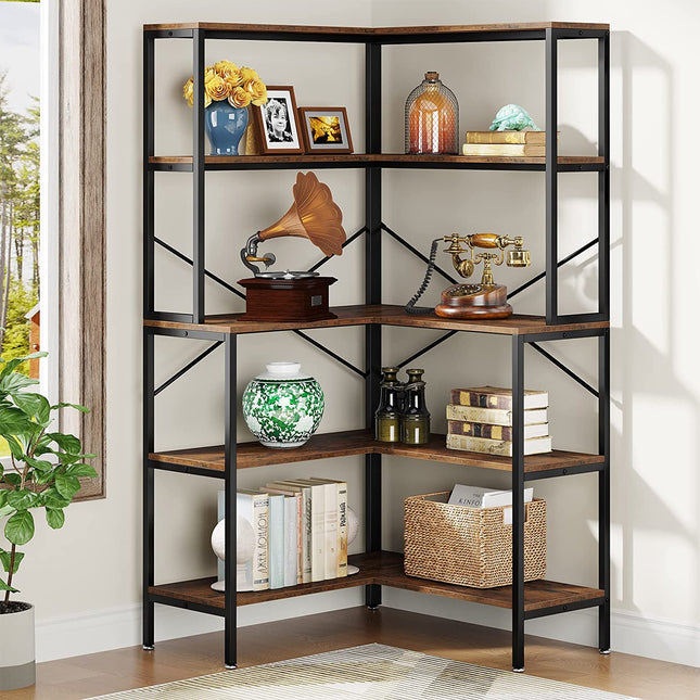 Corner Bookshelf, 5-Tier 67" Tall L-Shaped Bookcase