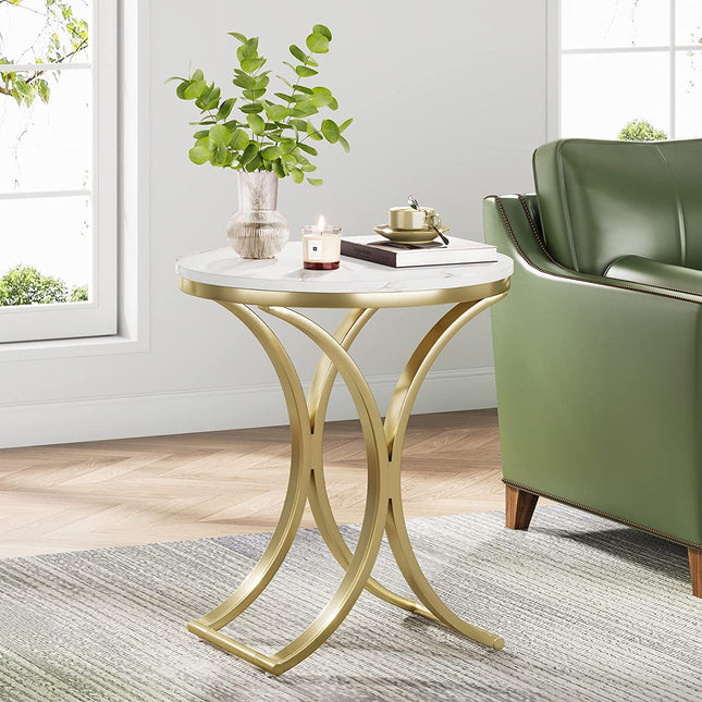 Tribesigns - Round End Table Sofa Side Table Small Coffee Table with Metal Frame, White & Gold