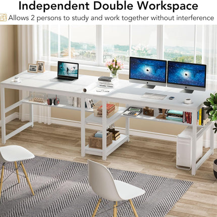 78.7-Inch Two Person Desk, Double Computer Desk with Bookshelf, White, Tribesigns, 6