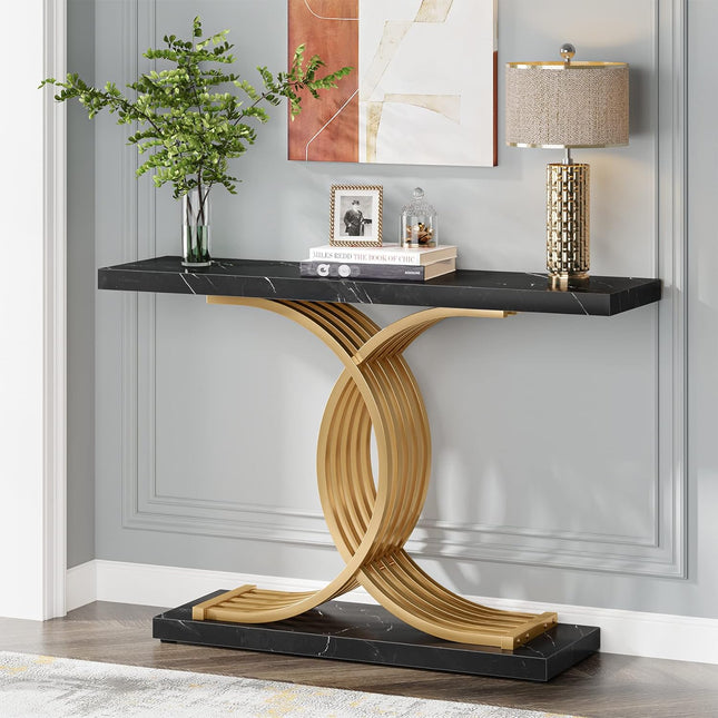 Gold Entryway Table, Modern 39-Inch Console Table Accent Table with Geometric Metal Legs, Gold & Black, Tribesigns, 1