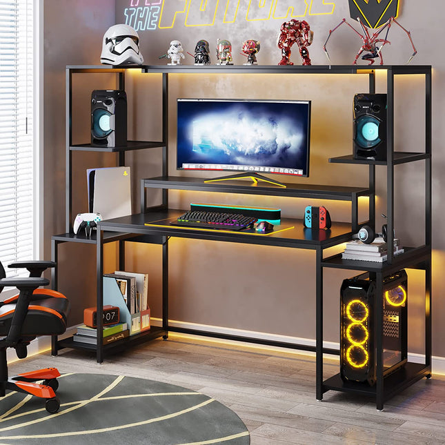 Gaming Desk, 70", Computer Desk with Hutch and Monitor Stand, Black, Tribesigns, 3