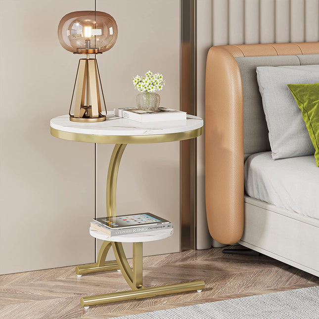 Tribesigns - End Table, 2-Tier Round Faux Marble Sofa Side Table