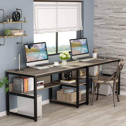 78.7" Two Person Desk, Double Computer Desk with Bookshelf, Gray, Tribesigns, 2