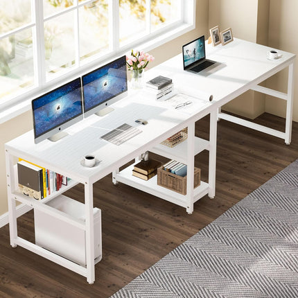 78.7-Inch Two Person Desk, Double Computer Desk with Bookshelf, White, Tribesigns, 4
