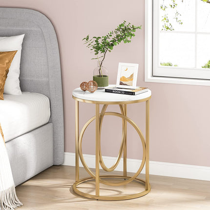 End Table, Modern Round Sofa Side Table, White & Gold