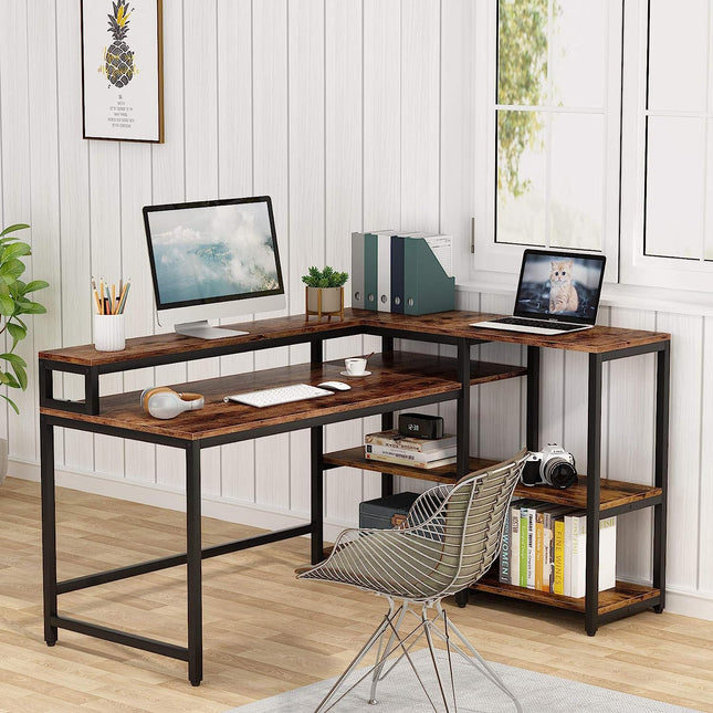 Tribesigns - 55 Inch Reversible L Shaped Computer Desk with Storage Shelf, Industrial Corner Desk with Shelves and Monitor Stand, Rustic Brown