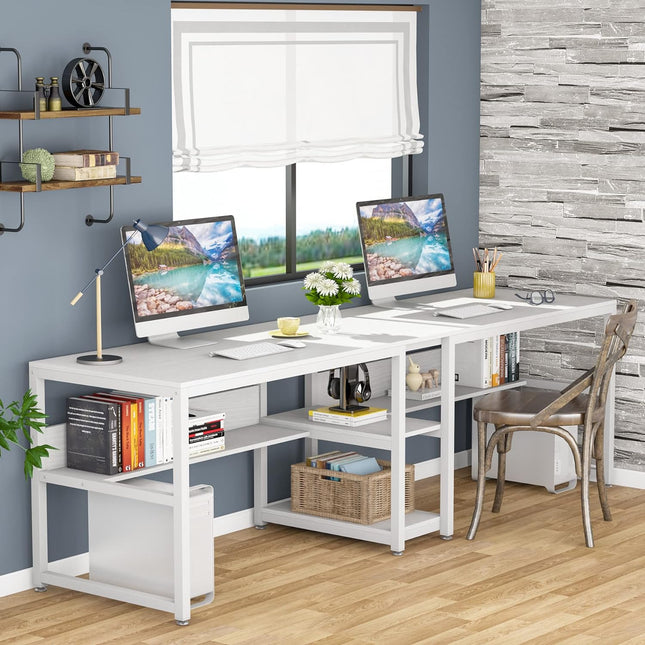 78.7-Inch Two Person Desk, Double Computer Desk with Bookshelf, White, Tribesigns, 2