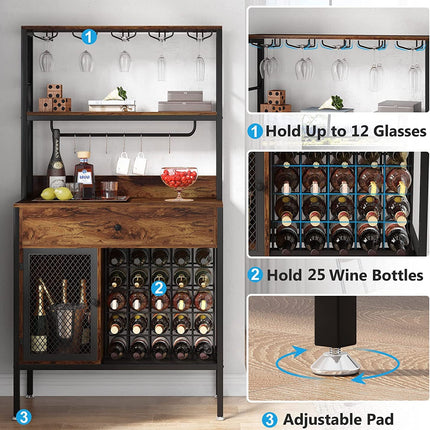The freestanding wine rack cabinet is capacious with a wine holder for 25 bottles. a rack up to 12 glasses. 6 hooks.