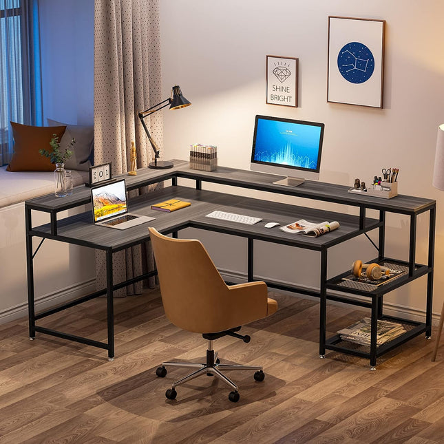 L Shaped Desk, Large 69-Inch, Reversible, L-Shaped Desk with Shelves, L Shaped Computer Desk with Monitor Stand Tribesigns, 2