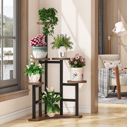 Corner Plant Stand Indoor, 6 Tiered Plant Shelf Flower Stand, Rustic Brown & Black, , 1