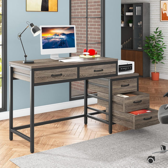 Computer Desk with 5 Drawers, Home Office Desks with Reversible Drawer Cabinet Printer Stand, PC Desk, Tribesigns, 1