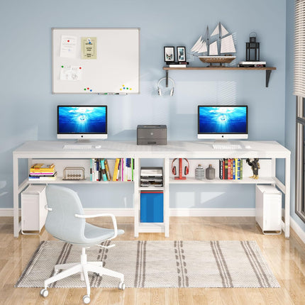 78.7-Inch Two Person Desk, Double Computer Desk with Bookshelf, White, Tribesigns, 5