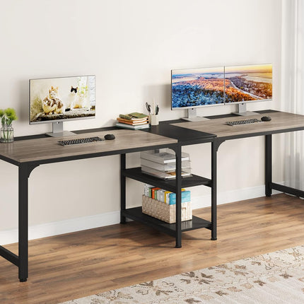 90.55'' Two Person Desk, Double Computer Desk with Storage Shelves, Gray & Black, Tribesigns, 2