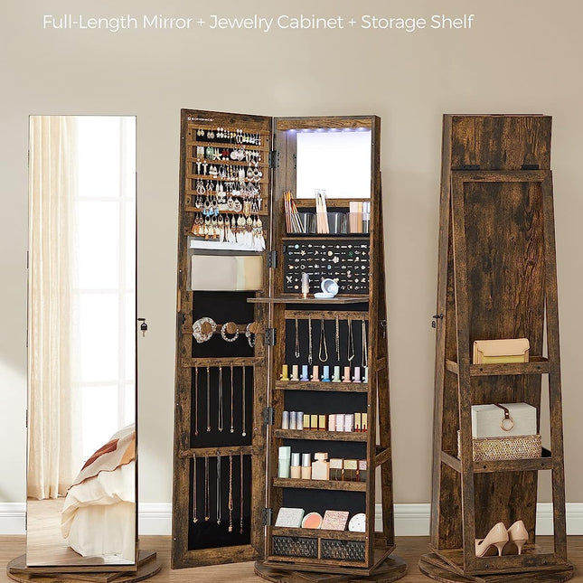 Mirror Jewelry Cabinet, 360° Swivel Organizer, Frameless Full-Length Mirror