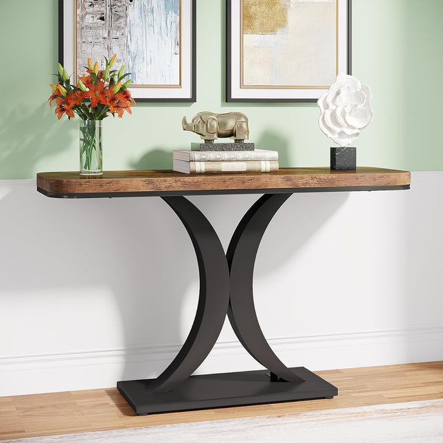 Industrial Console Table, 40 inch Narrow Entryway Foyer Table with Geometric Base, Rustic Hallway Accent Table, Tribesigns, 1