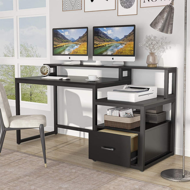 Computer Desk with Drawers, Large Computer Desk with Storage Shelves & File Drawer