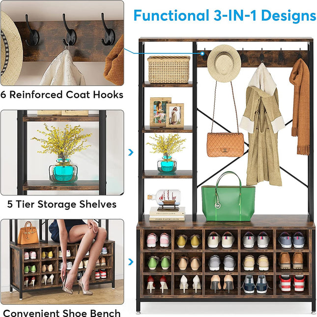 Coat Rack, Coat Rack and Shoe Bench, Coat Rack with Shoe Storage, Entryway Hall Tree with Storage Shelves, Tribesigns, 5