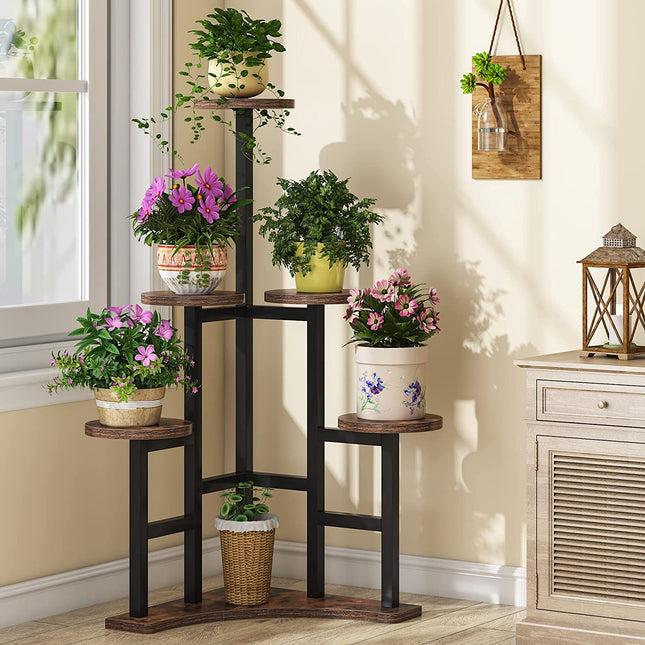 Corner Plant Stand Indoor, 6 Tiered Plant Shelf Flower Stand, Rustic Brown & Black, Tribesigns 