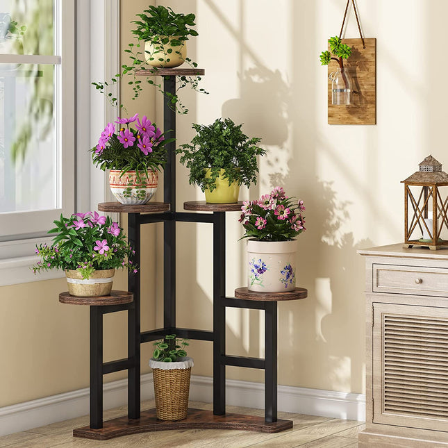 Corner Plant Stand Indoor, 6 Tiered Plant Shelf Flower Stand, Rustic Brown & Black, Tribesigns