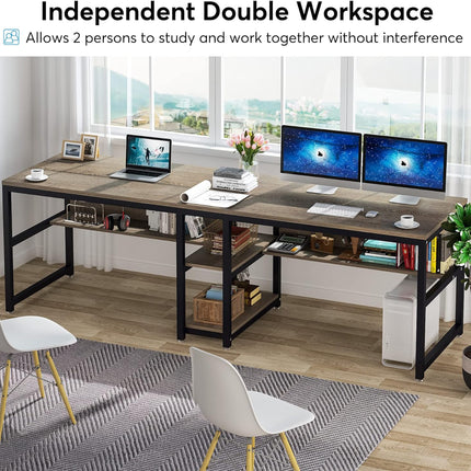 78.7" Two Person Desk, Double Computer Desk with Bookshelf, Gray, Tribesigns, 5