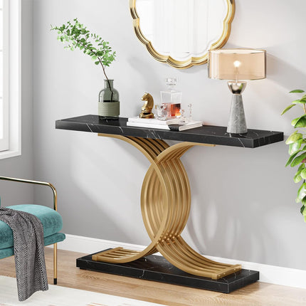 Gold Entryway Table, Modern 39-Inch Console Table Accent Table with Geometric Metal Legs, Gold & Black, Tribesigns, 3