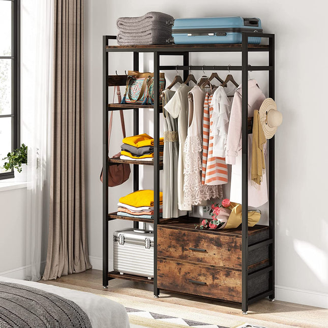 Closet Organizer, Freestanding Closet Organizer, Garment Rack with 2 Fabric Drawers, Rustic Brown, Tribesigns, 2