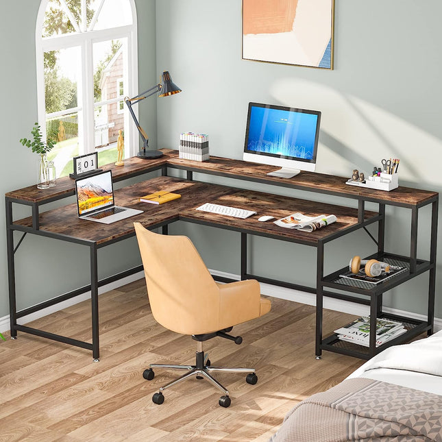 L Shaped Computer Desk, L Shaped Desk, Corner Computer Desk, with Monitor Stand, with Storage Shelf, Tribesigns, 1