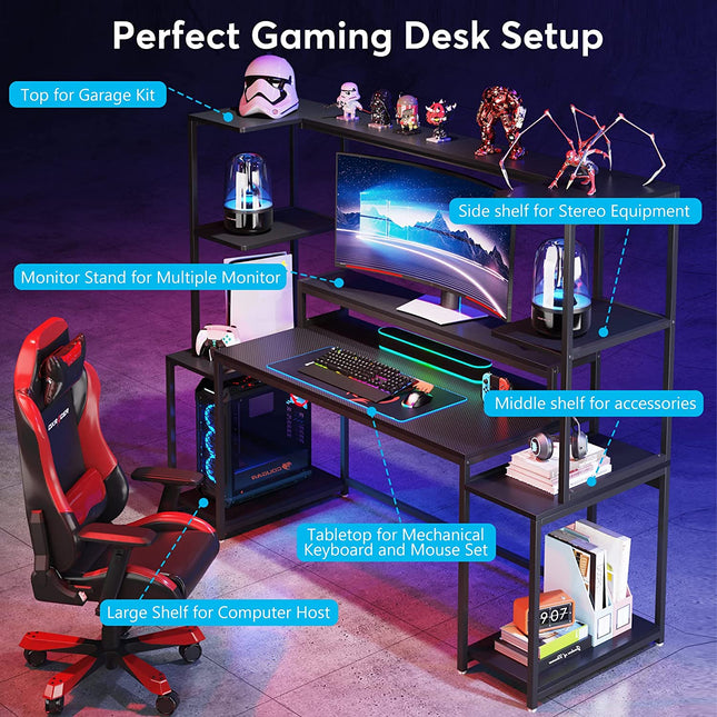 Gaming Desk, 70-Inch, Computer Desk with Hutch and Monitor Stand, Black, Tribesigns, 2