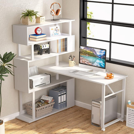 Tribesigns - Rotating Computer Desk with 5 Shelves Bookshelf, Modern L-Shaped Corner Desk with Storage, Reversible Office Desk, White