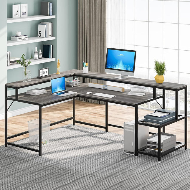 L Shaped Desk, Large 69-Inch, Reversible, L-Shaped Desk with Shelves, L Shaped Computer Desk with Monitor Stand Tribesigns, 1