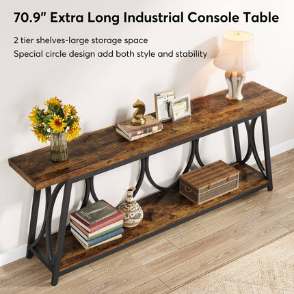 Console Table, 70.9-Inch Industrial Sofa Table Behind Couch with 2-Tier Shelves Tribesigns, Rustic Brown, 5